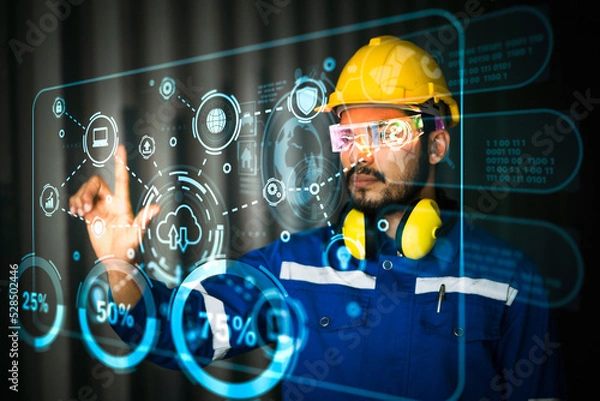 Fototapeta Concept Caucasian factory man using virtualization graphics motion interface artificial intelligence control for industrial driving.
