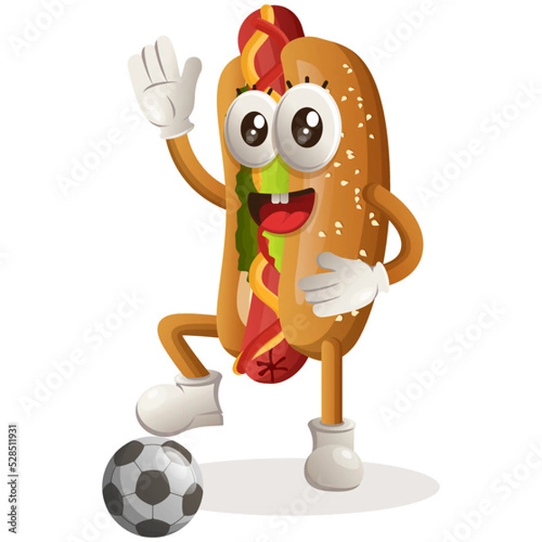 Fototapeta Cute hotdog mascot play football, soccer ball. Perfect for food store, small business or e-Commerce, merchandise and sticker, banner promotion, food review blog or vlog channel