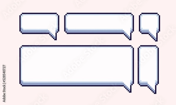 Obraz Empty speech bubble pixel art set. Geometric message shapes collection. Communication box. Dialogue cloud.  8 bit sprite. Game development, mobile app.  Isolated vector illustration.