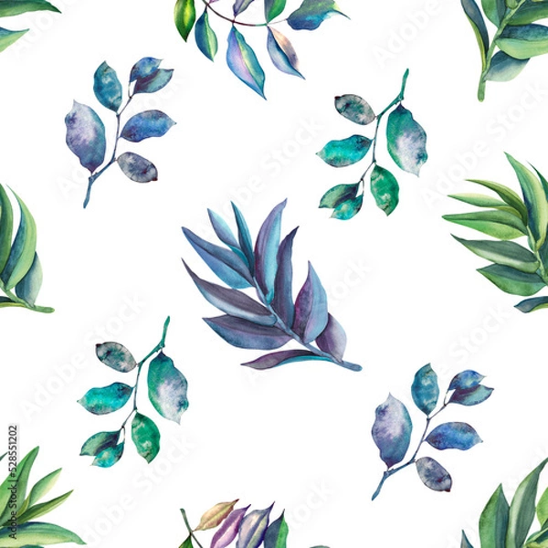 Fototapeta Seamless pattern of watercolor leaves. Green leaves on a white background. The design elements are drawn by hand
