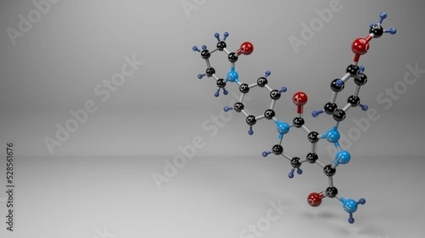 Fototapeta Apixaban molecule. Molecular structure of eliquis, oral anticoagulant used to decrease the risk of venous thrombosis, blood clots and pulmonary embolism. Footage available.