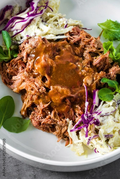 Obraz BOWL with pulled pork , gravy and Cole Slaw salad.
