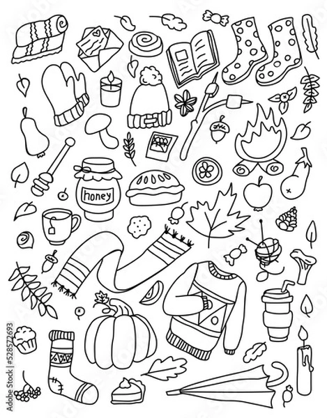 Fototapeta  Set, Autumn doodles isolated objects on white background.Coloring book page for adult. 