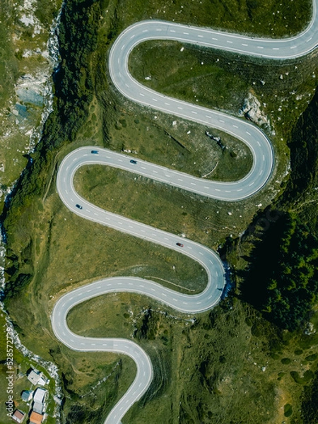 Obraz road transportation technology, mobility concept of traffic through the swiss alps, julierpass pass street,