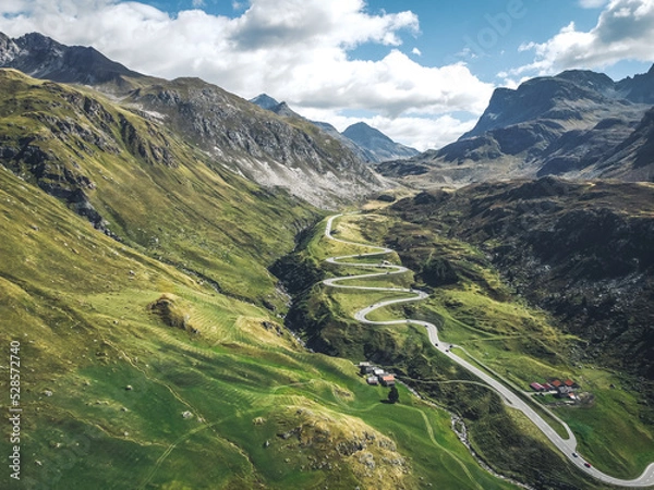 Obraz road transportation technology, mobility concept of traffic through the swiss alps, julierpass pass street,