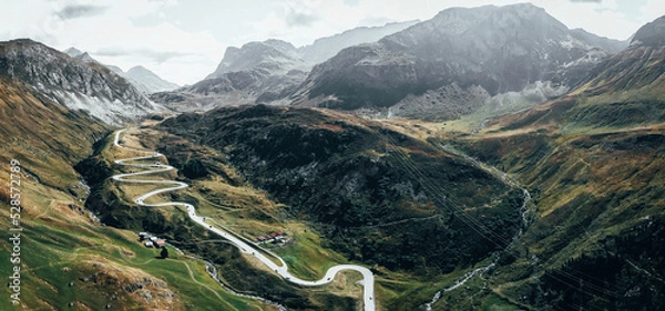 Obraz road transportation technology, mobility concept of traffic through the swiss alps, julierpass pass street,