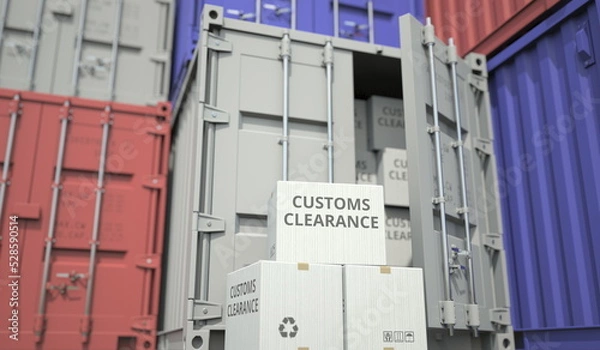 Fototapeta Cardboard boxes with Customs clearance text and cargo containers. Export or import related conceptual 3D rendering