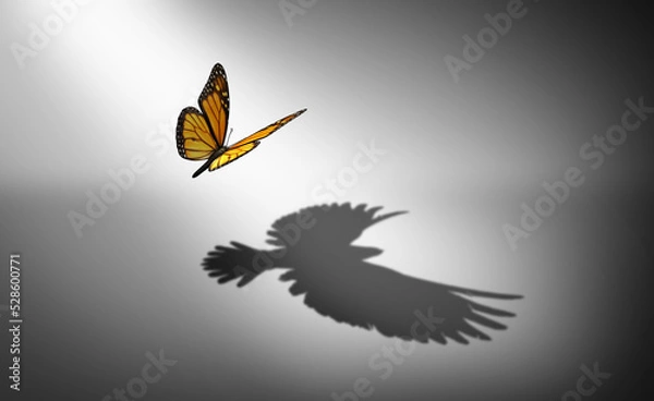Obraz Aspiration for change and ambition for improvement and success as a metaphor for growth and transformation as a butterfly casting a shadow of a flying bird