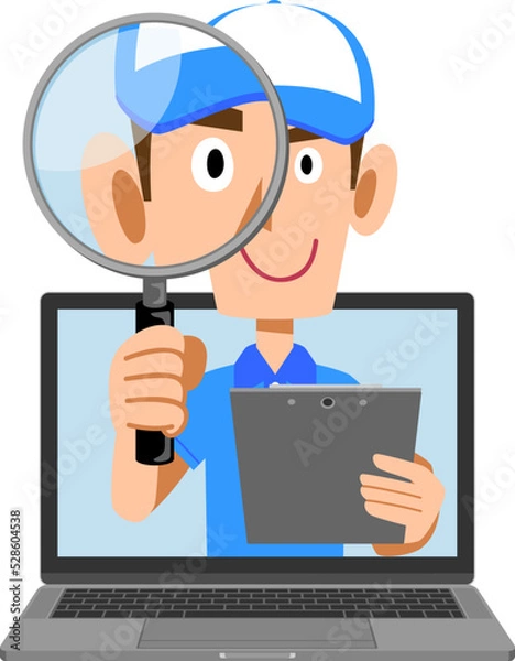 Fototapeta オンラインで調査する青いキャップを被りポロシャツを着た男性
