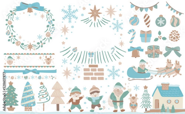 Fototapeta クリスマスのナチュラルで可愛いフレームとイラストのセット_ホワイトブルー_文字なし