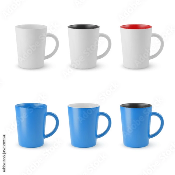 Fototapeta Illustration of Six Realistic Empty Ceramic Coffee Cup or Tea Mug on a White. Isolated Mockup with Shadow Effect, for Web Design, and Printing