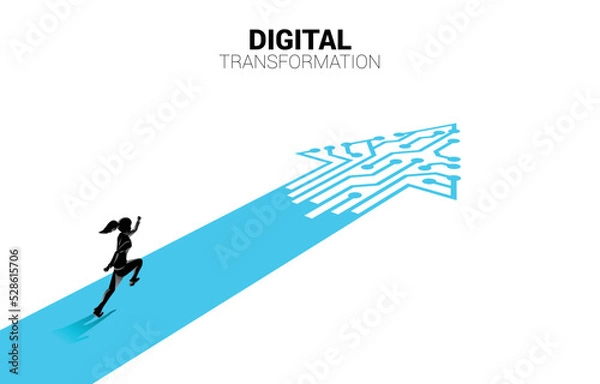 Fototapeta Silhouette of businesswoman running on the way with dot connect line circuit. concept of digital transformation of business.