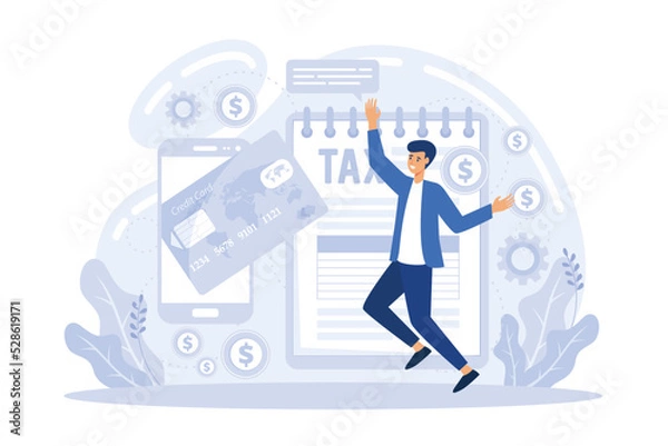 Fototapeta Financial documents and forms, paperwork. Accountant appointment, filing the taxes, tax return metaphors. Calculating obligatory payments. flat vector modern illustrationicon, assessment, taxation, ac