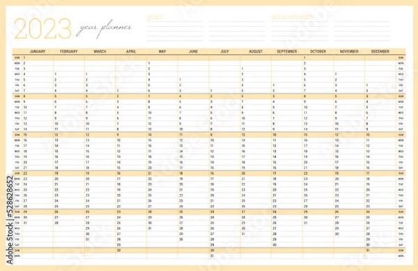 Fototapeta Calendar 2023 year planner template. Printable wall calendar table. Week starts on Sunday