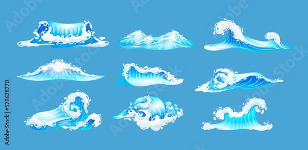 Fototapeta Sea ocean wave set. Blue water ocean waves, marine surf wave, ripples tides sea storm, tsunami, tidal different shapes, splash water motion with spray