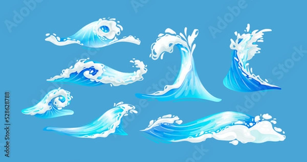 Fototapeta Sea ocean wave set. Blue water ocean waves, marine surf wave, ripples tides sea storm, tsunami, tidal different shapes, splash water motion with spray