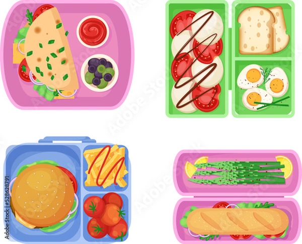 Fototapeta Meal trays with healthy balanced food for children set. View from above of school lunch trays filled with sandwiches, eggs, croissant, Hot Dog, vegetables and berries cartoon vector
