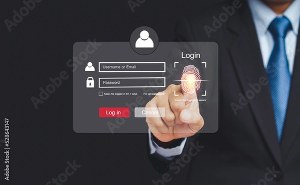 Obraz Close-up of hand scan fingerprint biometric identity to access personal data in the computer.