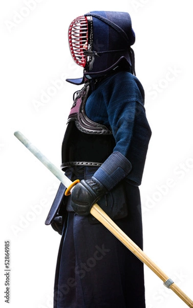 Obraz Profile of equipped kendo fighter with shinai