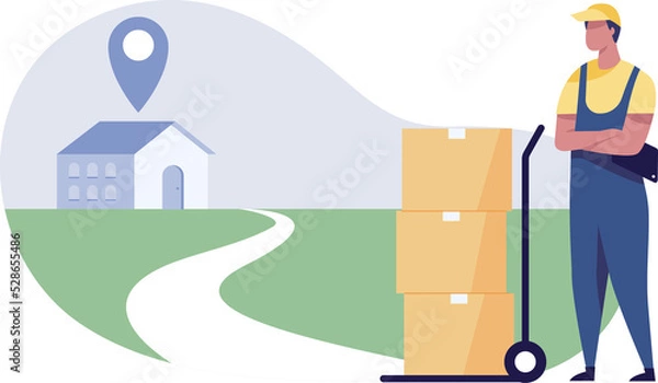 Fototapeta The courier walked to the customer's location. Delivery man and trolley transporting parcel boxes.