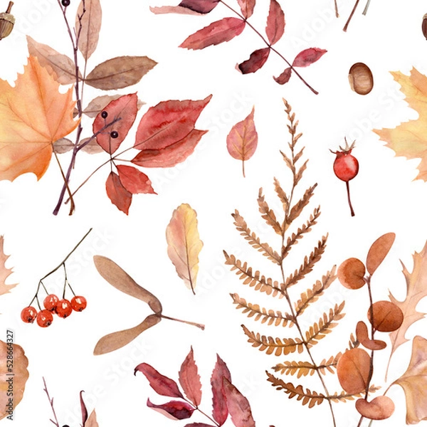 Fototapeta Watercolor hand drawn seamless pattern with autumn leaves and berries