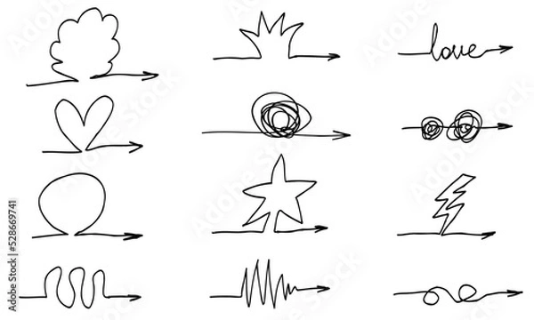 Obraz Doodle arrows with cute elements. Sketch set, scribble isolated line collection.