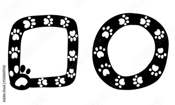 Obraz Cute black frames with paws, doodle isolated set, hand drawn. Circle, square for pets collection.