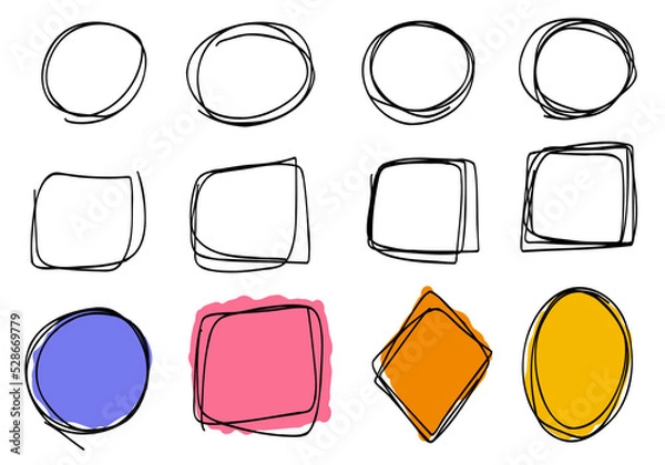 Obraz Scribble frames multicoloured set, hand drawn. Cute lines with circles, square collection.