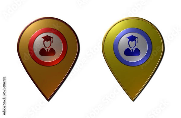 Fototapeta A set of 2 - 3D rendered illustrations of education institution location pins in metallic texture finishing, isolated on a white background.
