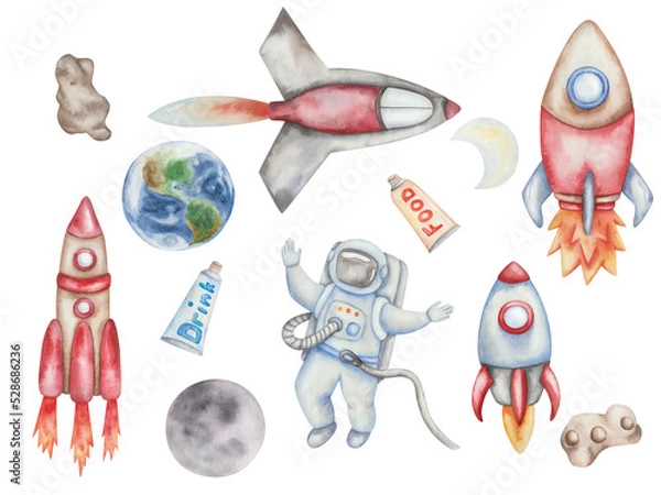 Obraz Watercolor illustration of hand painted spacemen, spaceship, spacecraft, rocket with fire, planet earth, moon, meteorite, tubes with food and drinks. Isolated space clip art for pattern making, cards