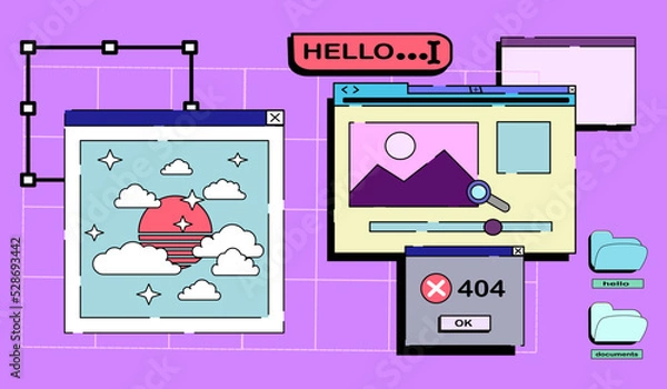 Fototapeta Retrowave pc desktop with message boxes and popup user interface elements. user interface elements in retro y2k vaporwave style. Modern vintage comics illustrations in the 80s and 90s.