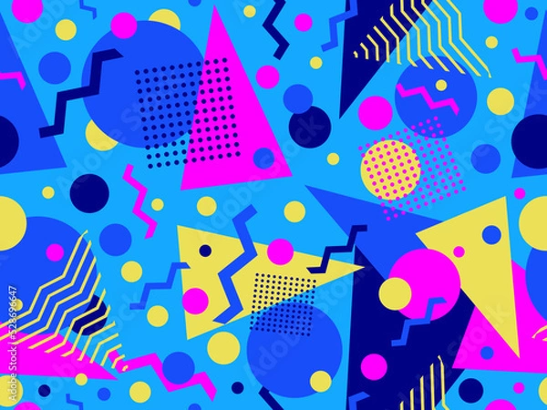Fototapeta Memphis seamless pattern with geometric shapes in 80s style. Colorful geometric shapes on a blue background. Design of promotional products, wrapping paper and printing. Vector illustration