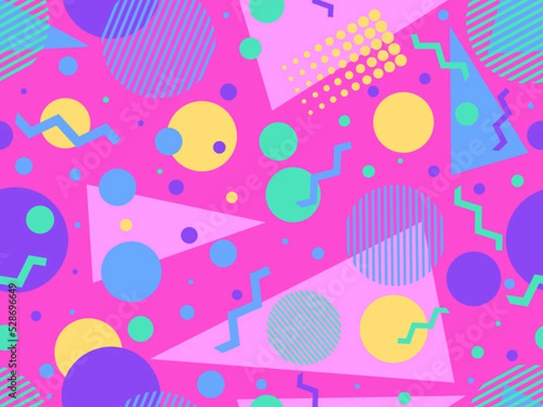 Fototapeta Seamless pattern with geometric shapes in memphis style 80s. Circles and triangles. Colorful abstract background for printing on promotional items, banners and wrapping paper. Vector illustration
