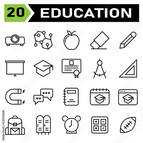 Fototapeta Education icon set include projector, projection, presentation, education, formula, study, science, school, apple, fruit, fruits, erase, eraser, remove, pencil, write, edit, draw, screen, board