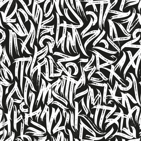 Fototapeta Abstract seamless pattern of calligraphic letters, grunge text print.