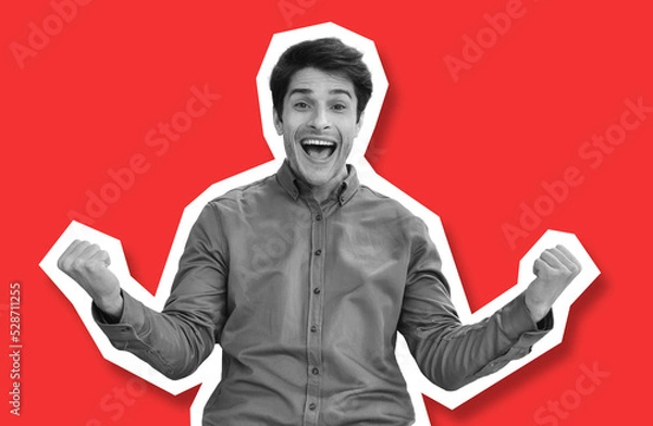Fototapeta Happy young man raising fists up on red, collage