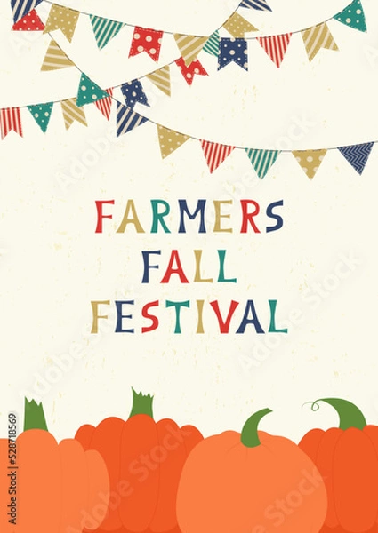 Obraz Vector illustration of autumn scene with pumpkins, hanging flags and text Farmers Fall Festival. Design for holiday greeting card, banner, template for invitation on fall festival, fair, autumn poster