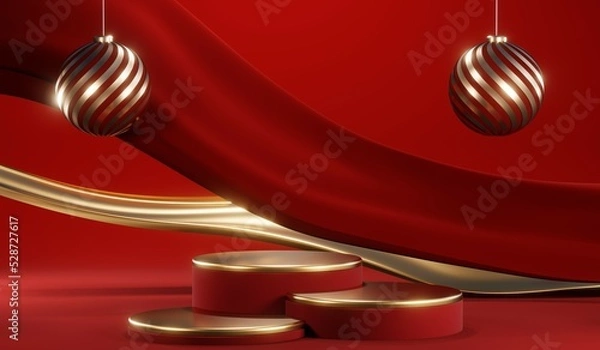 Fototapeta 3D rendering of blank product background for cream cosmetics Modern red podium background