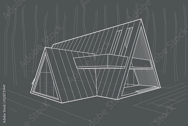 Fototapeta Linear architectural sketch residental building - triangle forest cottage on gray background