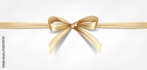 Fototapeta Satin decorative golden bow with horizontal yellow ribbon isolated on white background. Vector gold bow and gold ribbon