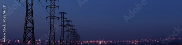 Fototapeta Electricity power lines and city lights. 3D render illustration.