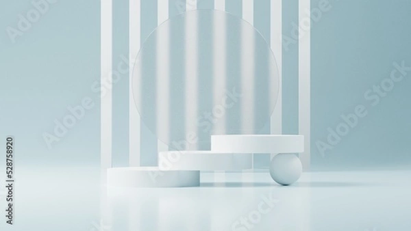 Fototapeta white mockup podium or pedestal with blue background, empty platform for product showcase, 3d rendering