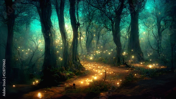 Obraz Ponura scena Fantasy Forest w nocy ze świecącymi światłami