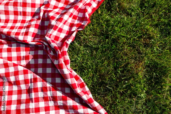 Fototapeta Checkered picnic tablecloth on fresh green grass, top view. Space for text