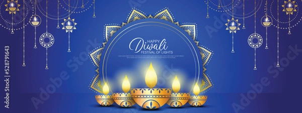 Obraz Happy Diwali - festival of lights colorful banner template design with decorative diya lamp.