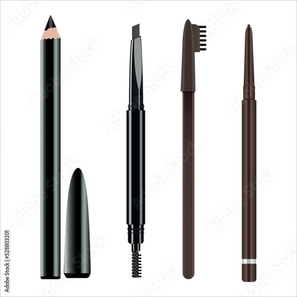 Obraz 3d realistic difference type of eyebrow pencils. set of eyebrow pencils with black und dark brown colour. eyebrow pencil with cap and brush.