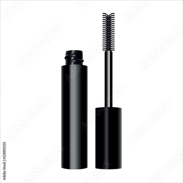 Obraz realistic vector mascara brush und black bottle. modern mascara with shiny black package.