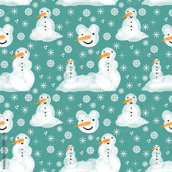 Fototapeta Winter seamless watercolor snowman and snowflakes pattern for Christmas wrapping paper and kids notebooks