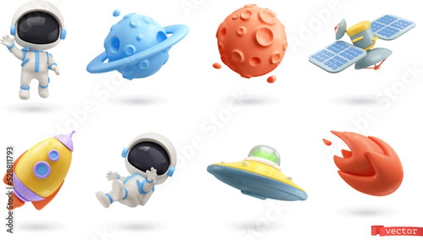 Fototapeta Space 3d vector icon set. Astronaut, planet, satellite, rocket, flying saucer, comet cartoon objects