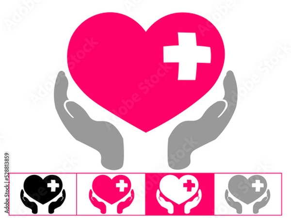 Fototapeta Charity logo, hands supporting heart icon flat design vector illustration